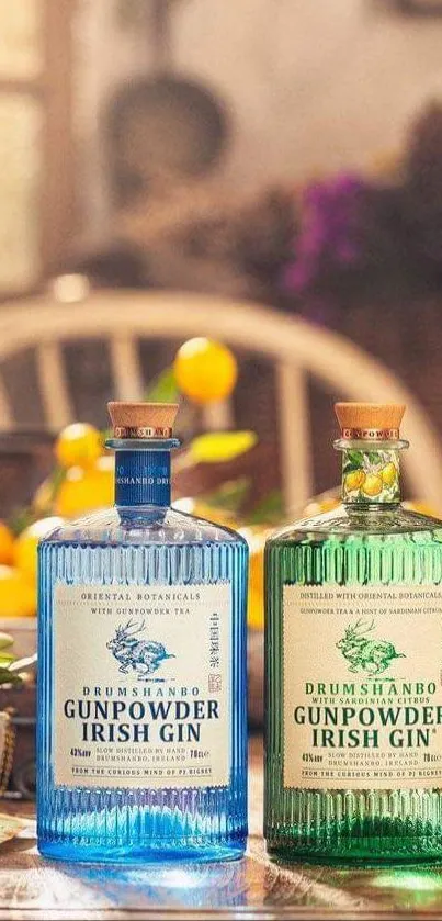 Vibrant gin bottles in rustic kitchen setting.