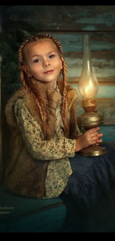 Vintage style wallpaper featuring a young girl with a lantern.