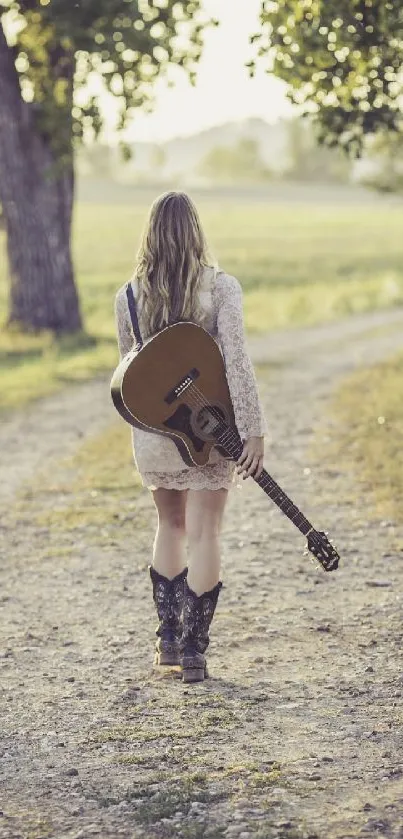 Rustic path with person carrying guitar in earthy tones.