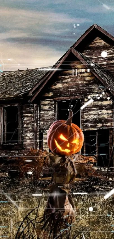 Haunting Halloween scene with scarecrow and old house.