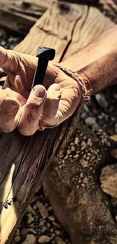 Rustic hand holding a nail on wood surface.