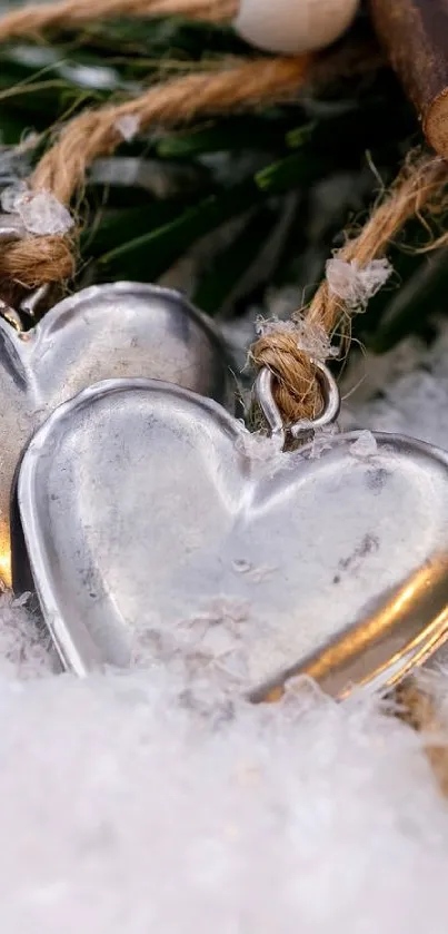 Rustic metal heart ornaments on snowy background with greenery.