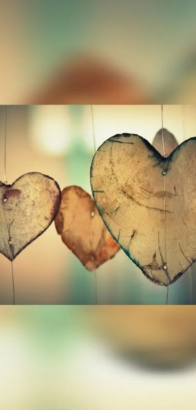 Rustic wood heart shapes with a soft background.