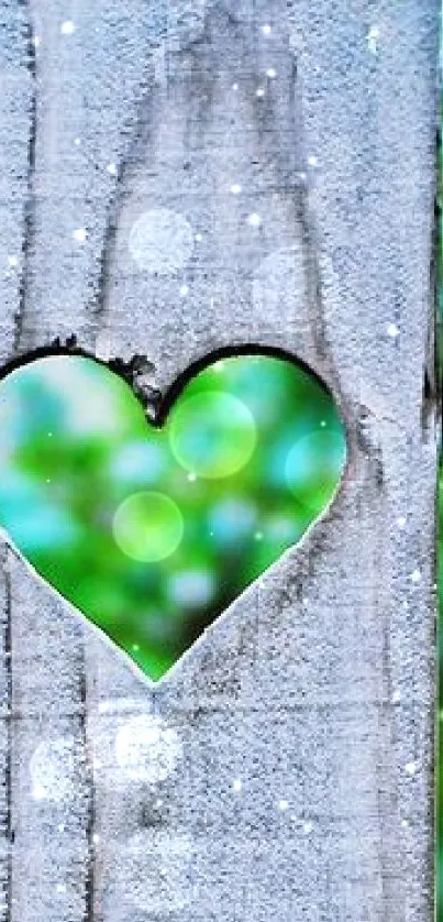 Rustic fence with heart cutout, nature background.