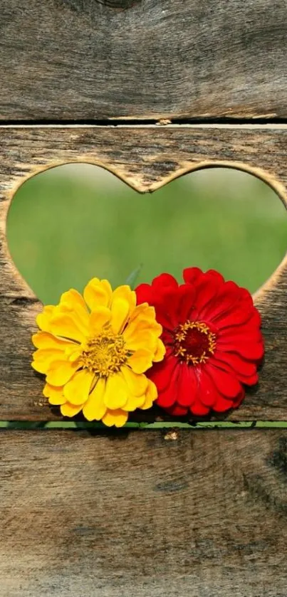 Rustic wood heart cutout with vibrant flowers.