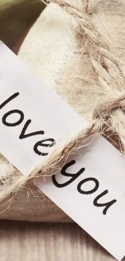 Rustic heart with 'I love you' note tied in twine.