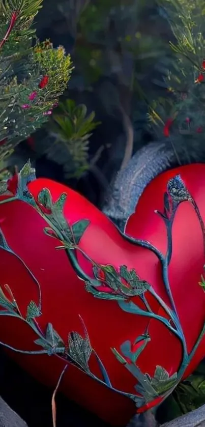 Red heart intertwined with greenery in nature-themed wallpaper.