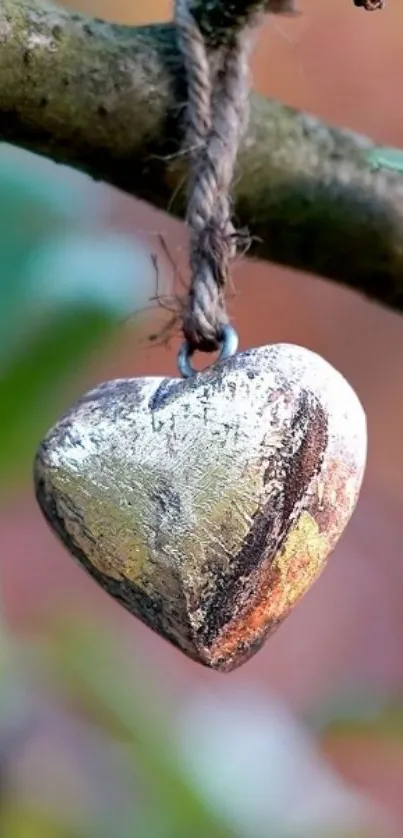 Rustic metal heart hanging on a tree branch against a natural backdrop.