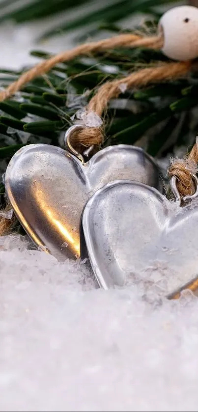 Rustic silver heart ornaments in snow.