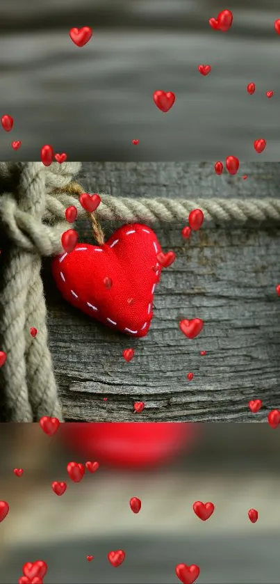 Rustic charm wallpaper with a red heart on rope.