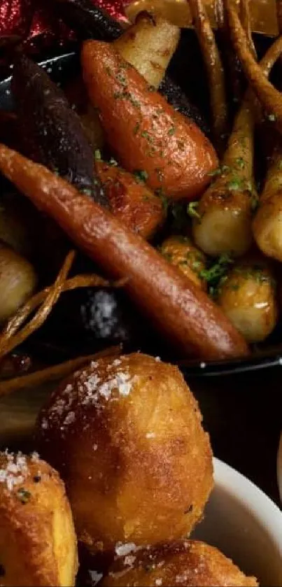 A festive display of rustic holiday food with vegetables in bowls.