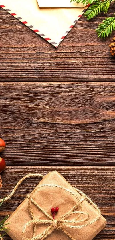 Rustic holiday wallpaper with gifts, pine cones, and evergreens on wooden background.