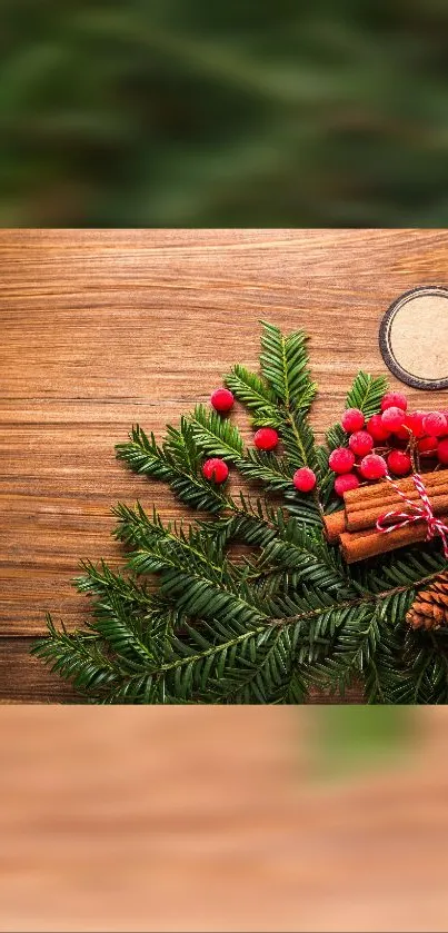 Rustic holiday wallpaper with green pine, red berries, and wooden texture.