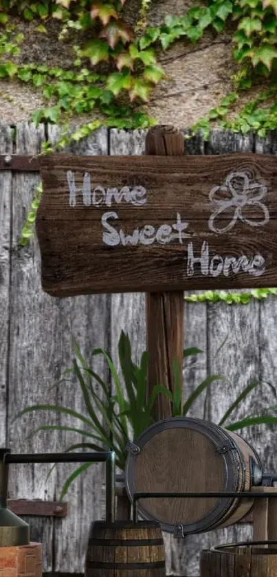 Rustic 'Home Sweet Home' sign with ivy and wooden barrels on wooden background.