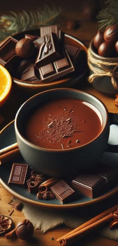 Rustic hot chocolate with chocolate bars and spices in a cozy setting.