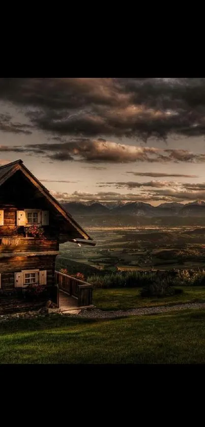 Rustic house at sunset in scenic countryside.