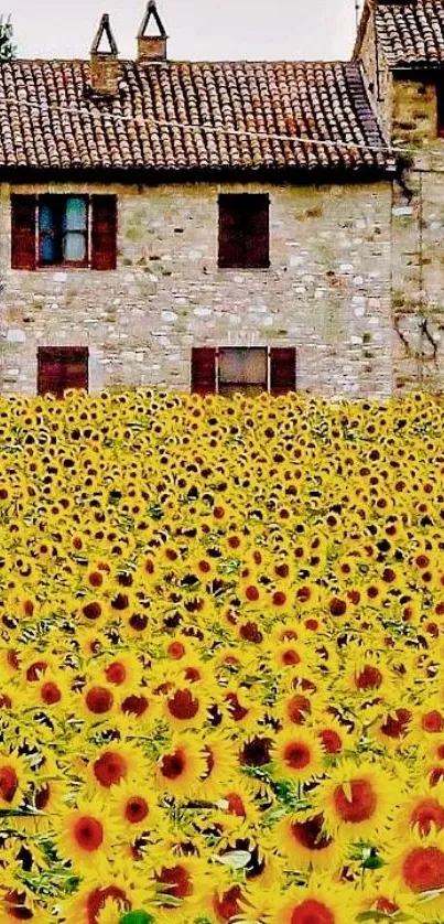 Rustic stone house with sunflower field wallpaper.