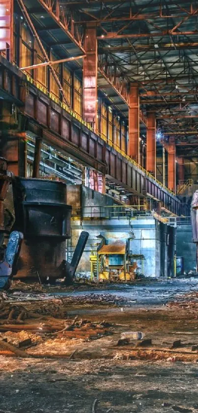 Rusty industrial factory scene with large metal structures and vibrant colors.