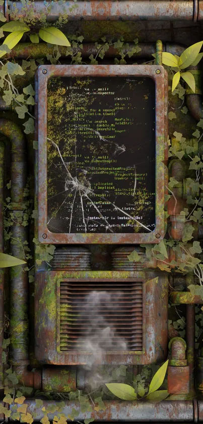 Rustic industrial wallpaper with greenery on pipes and a cracked screen.