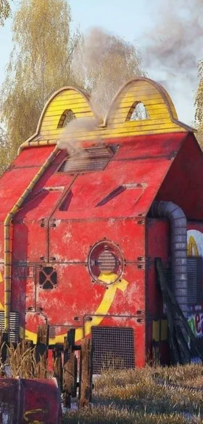 Red industrial hut in a rural setting with golden grass.