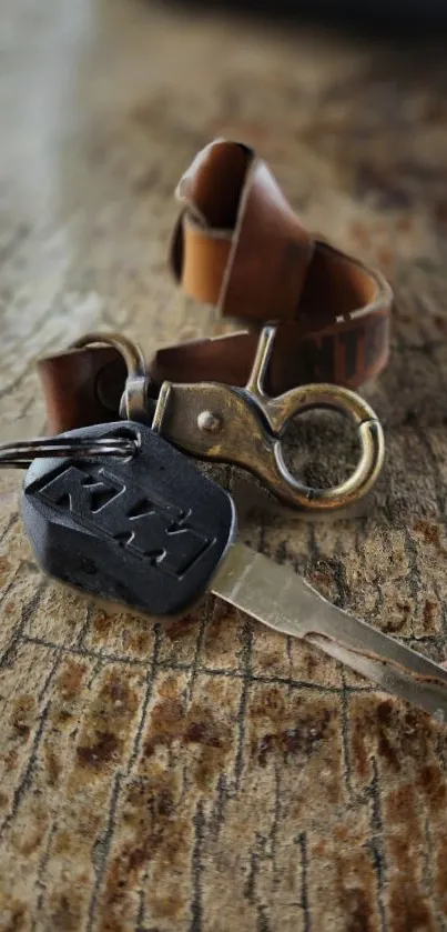 Close-up of a rustic keychain with a leather strap and metal key on wood.