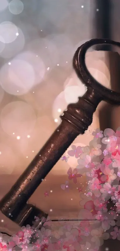 Rustic key with pink floral accents and bokeh lights.