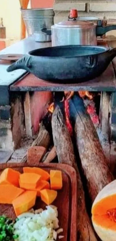 Rustic kitchen setting with wood stove and fresh veggies.