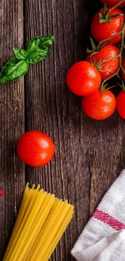 Rustic food wallpaper with tomatoes, pasta, and basil leaves on wooden background.