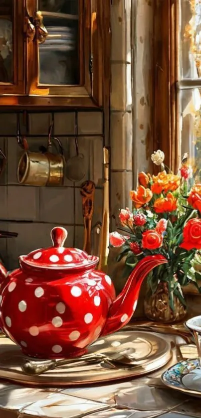 Polka dot teapot with flowers by a window in a rustic kitchen.