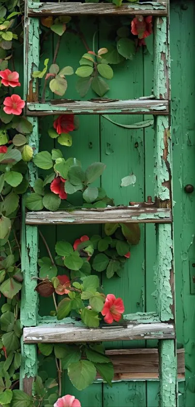 Rustic ladder with autumn flowers on weathered green wall.