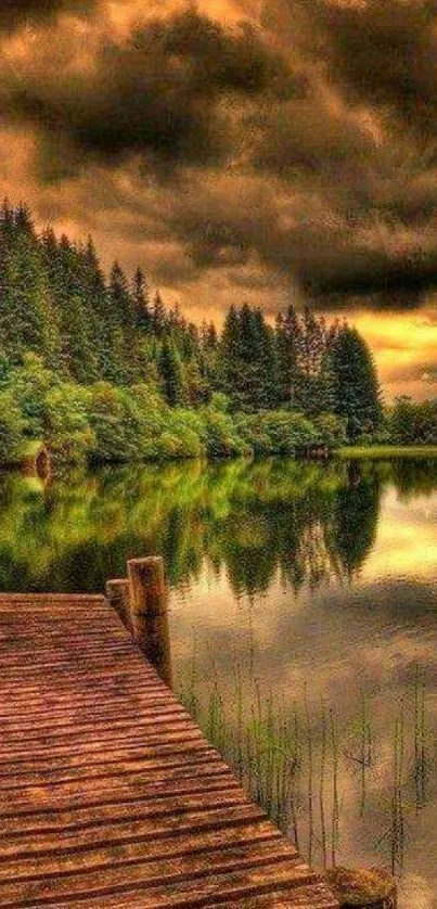 Serene sunset over a lake with lush greenery and a wooden dock.