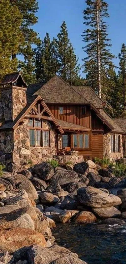 Rustic cabin by lake with rocks and pine trees, perfect for nature lovers.