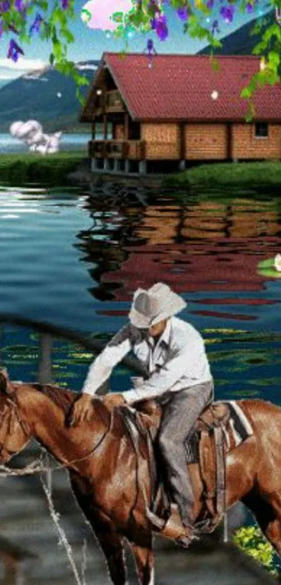 Cowboy on horseback beside a peaceful lake with rustic cabin and mountain vista.