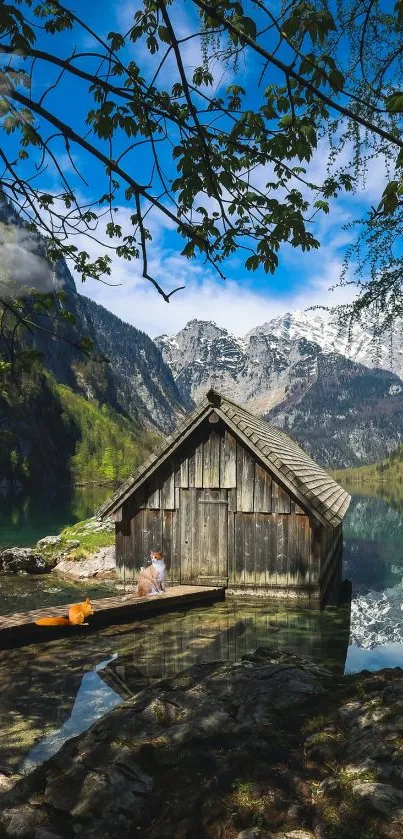 Rustic cabin by a tranquil mountain lake with clear blue sky.