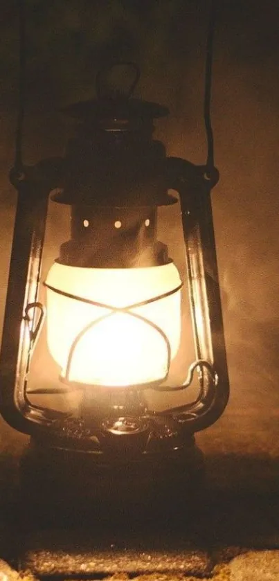 Rustic lantern glowing warmly in darkness.