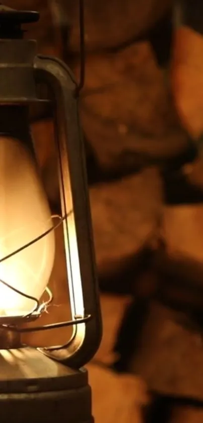 Rustic lantern casting warm glow on stacked firewood background.