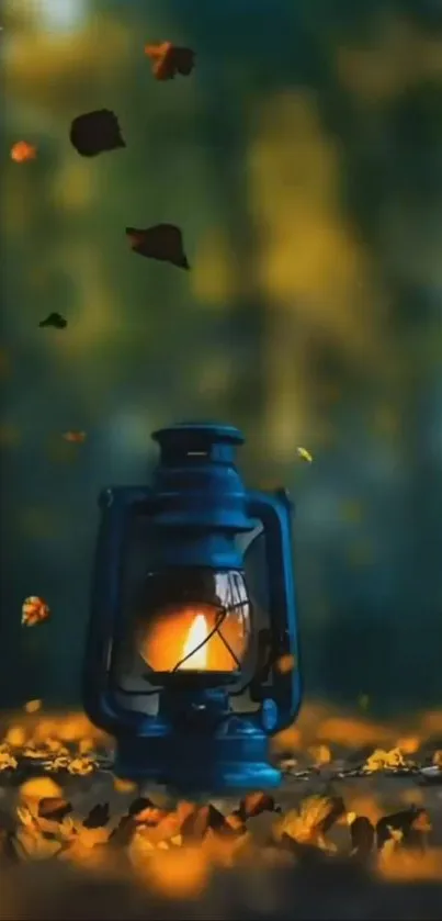 Rustic lantern surrounded by autumn leaves.