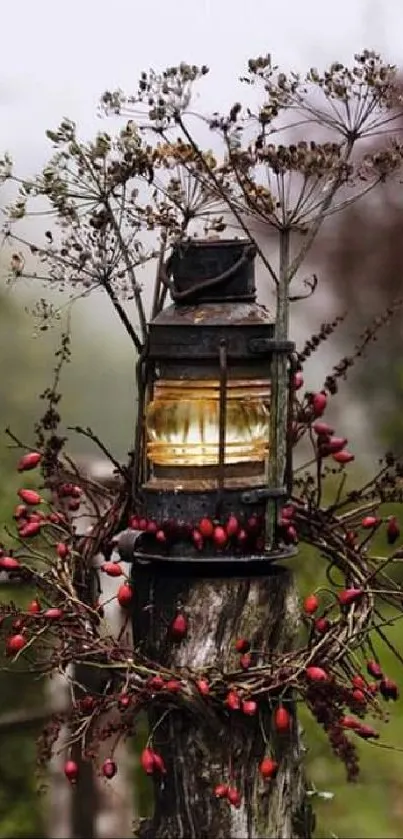 Rustic lantern with floral accents on a wooden post in a natural setting.