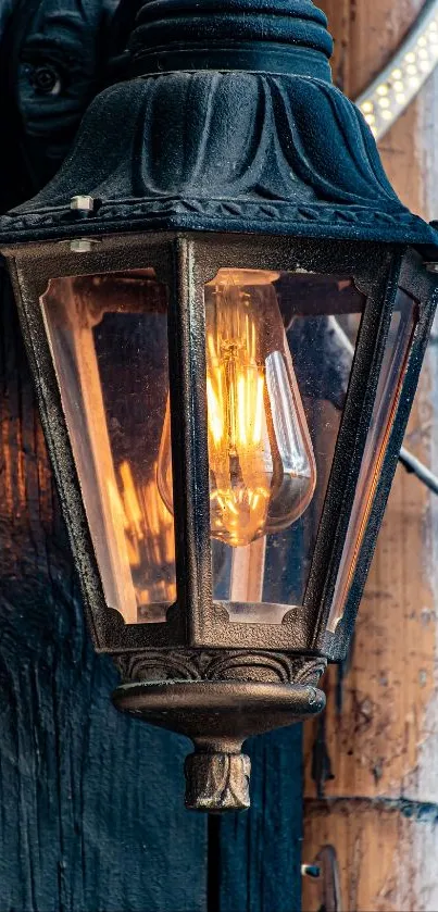 Vintage rustic lantern emits warm light against a black wooden background.