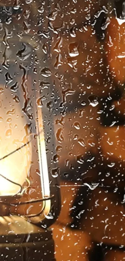 Glowing lantern with raindrops on glass mobile wallpaper.