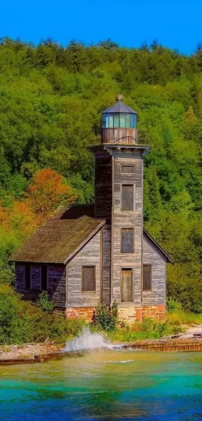 Rustic lighthouse surrounded by lush greenery on serene waters.