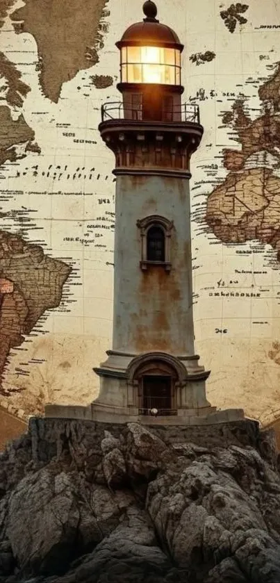 Lighthouse set against a vintage world map, offering a nautical theme.