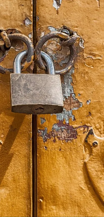 Rustic padlock on an old wooden door.