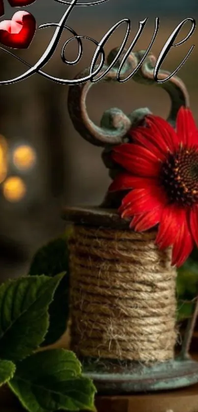 Rustic design with a red flower and twine spool, accented by scripted love and hearts.