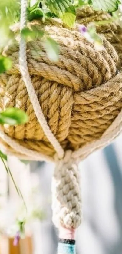 Macrame plant hanger with green foliage in natural light.