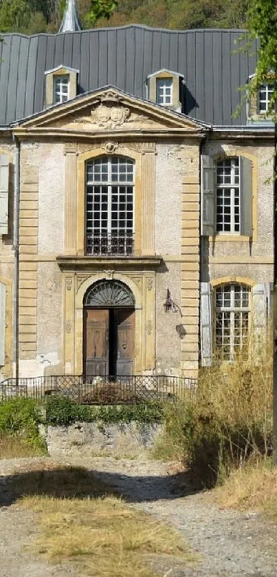 Rustic mansion with stone facade and greenery.