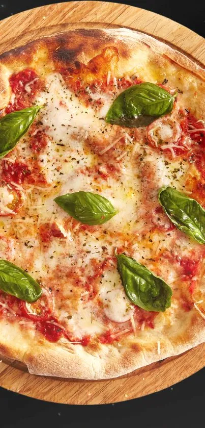 Margherita pizza on a wooden board with basil leaves.