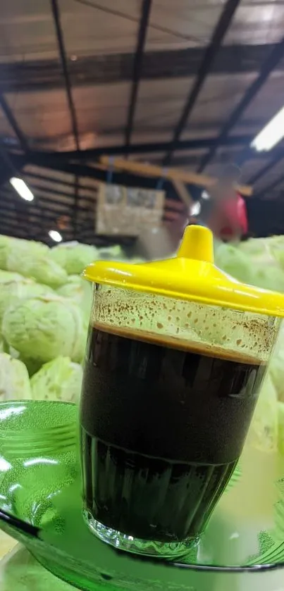 Coffee cup in rustic market with cabbage backdrop and yellow lid.