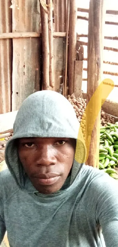 Hooded person in rustic market setting with bananas and wood.