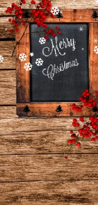 Rustic Merry Christmas wallpaper with wood and red berries.
